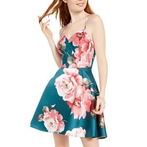 NWT City Studio Mini Dress Green Floral Juniors 1 Party Social Sweetheart neck